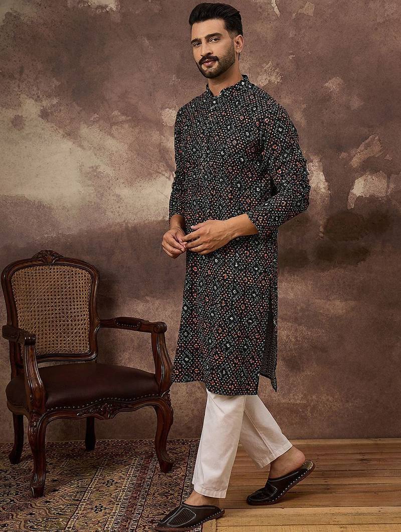 Men black viscose rayon bandhani embroidered straight kurta with pant set