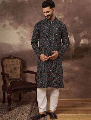 Men black viscose rayon bandhani embroidered straight kurta with pant set 4