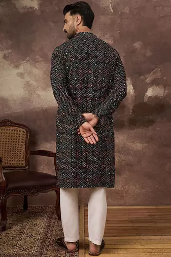 Men black viscose rayon bandhani embroidered straight kurta with pant set
