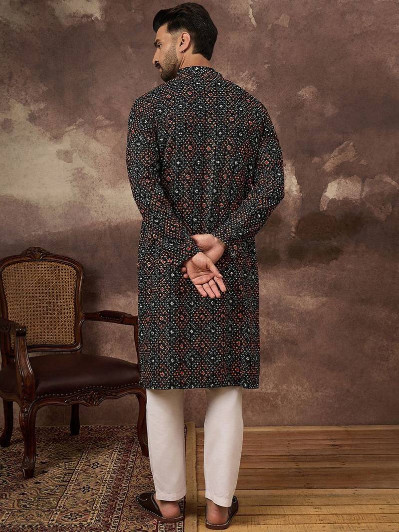Men black viscose rayon bandhani embroidered straight kurta with pant set