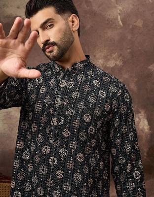 Men black viscose rayon geometric embroidered straight kurta with pant set 1