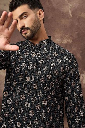 Men black viscose rayon geometric embroidered straight kurta with pant set