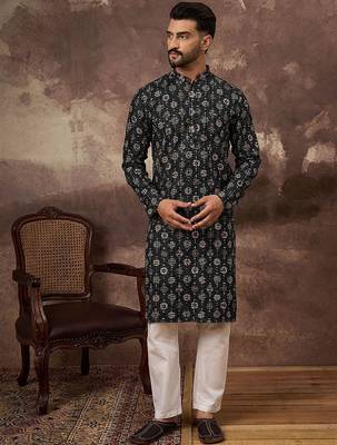 Men black viscose rayon geometric embroidered straight kurta with pant set 2
