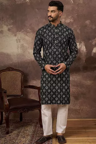 Men black viscose rayon geometric embroidered straight kurta with pant set