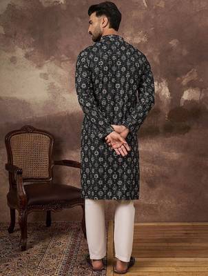 Men black viscose rayon geometric embroidered straight kurta with pant set 4