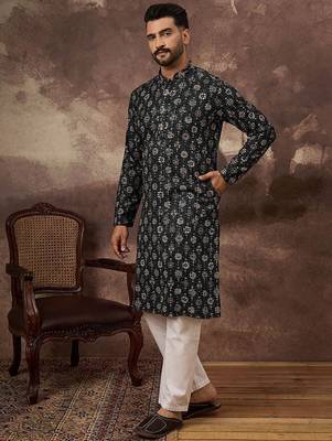 Men black viscose rayon geometric embroidered straight kurta with pant set 5