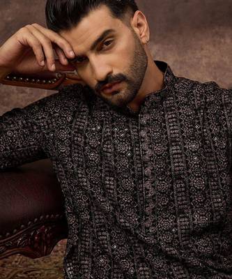 Men black viscose rayon ethnic motifs embroidered straight kurta with pant set 1
