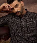 Men black viscose rayon ethnic motifs embroidered straight kurta with pant set