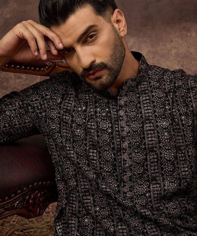 Men black viscose rayon ethnic motifs embroidered straight kurta with pant set