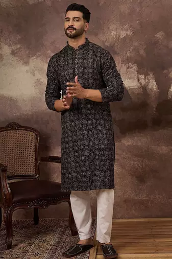 Men black viscose rayon ethnic motifs embroidered straight kurta with pant set