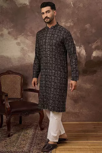 Men black viscose rayon ethnic motifs embroidered straight kurta with pant set
