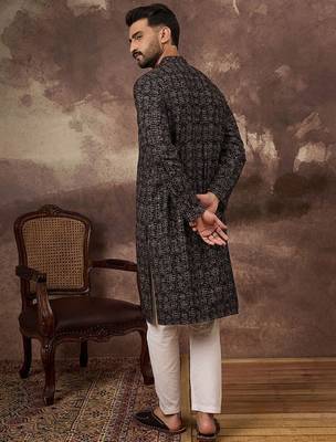 Men black viscose rayon ethnic motifs embroidered straight kurta with pant set 4