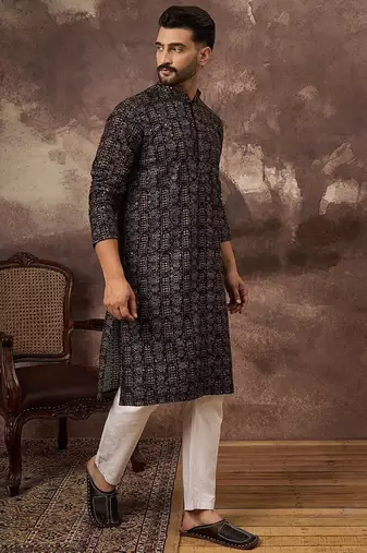 Men black viscose rayon ethnic motifs embroidered straight kurta with pant set