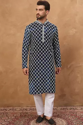 Men blue viscose rayon shibori embroidered straight kurta with pant set
