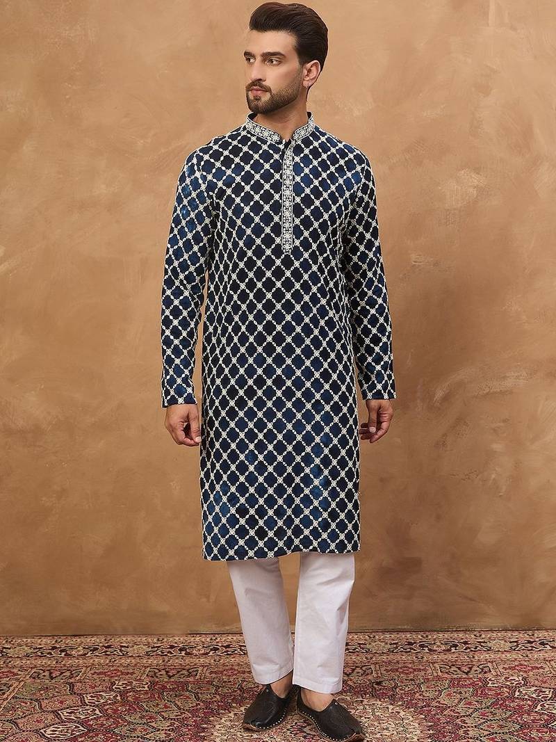 Men blue viscose rayon shibori embroidered straight kurta with pant set