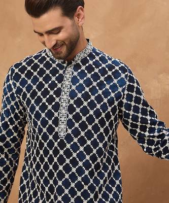 Men blue viscose rayon shibori embroidered straight kurta with pant set 2