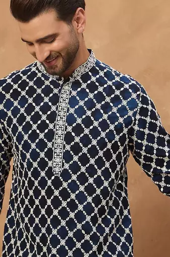 Men blue viscose rayon shibori embroidered straight kurta with pant set