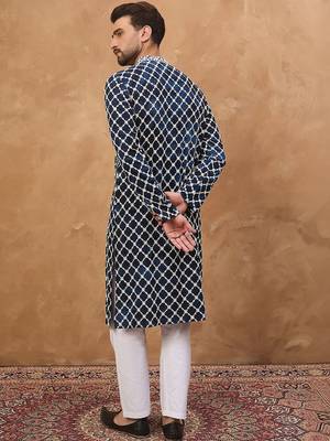 Men blue viscose rayon shibori embroidered straight kurta with pant set 3