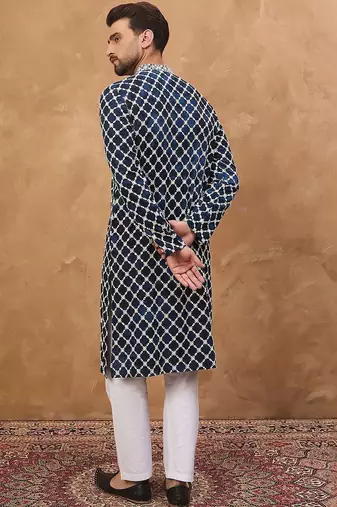 Men blue viscose rayon shibori embroidered straight kurta with pant set