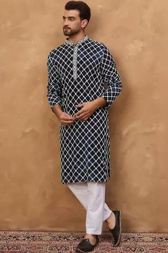 Men blue viscose rayon shibori embroidered straight kurta with pant set