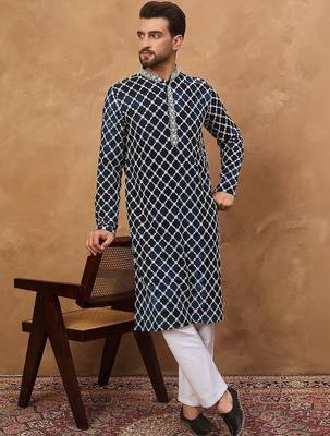 Men blue viscose rayon shibori embroidered straight kurta with pant set 5