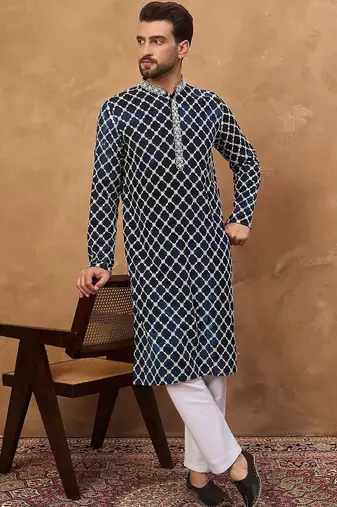 Men blue viscose rayon shibori embroidered straight kurta with pant set