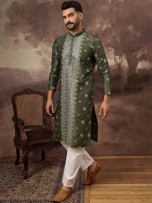 Men green silk blend solid embroidered straight kurta with pant set 1