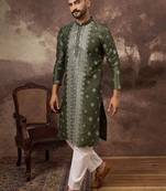 Men green silk blend solid embroidered straight kurta with pant set