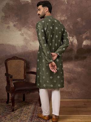 Men green silk blend solid embroidered straight kurta with pant set 5