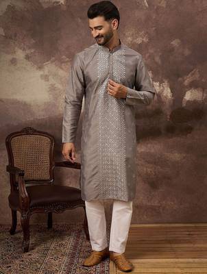 Men grey silk blend solid embroidered straight kurta with pant set 1