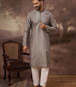 Men grey silk blend solid embroidered straight kurta with pant set
