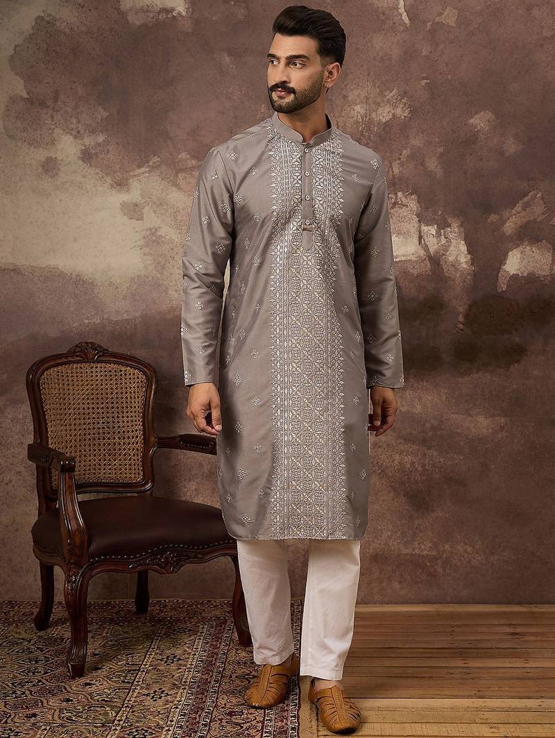 Men grey silk blend solid embroidered straight kurta with pant set
