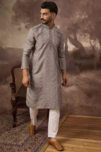 Men grey silk blend solid embroidered straight kurta with pant set