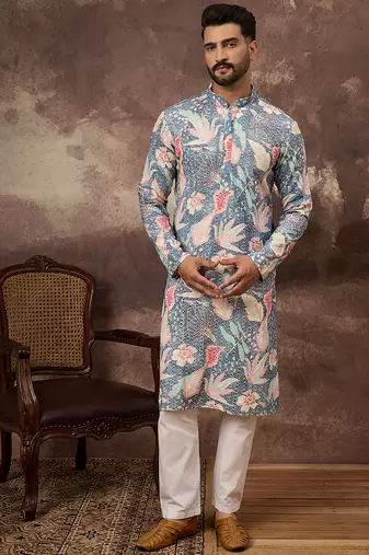 Men blue viscose rayon floral embroidered straight kurta with trouser