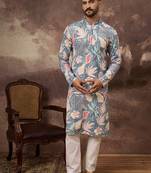 Men blue viscose rayon floral embroidered straight kurta with trouser