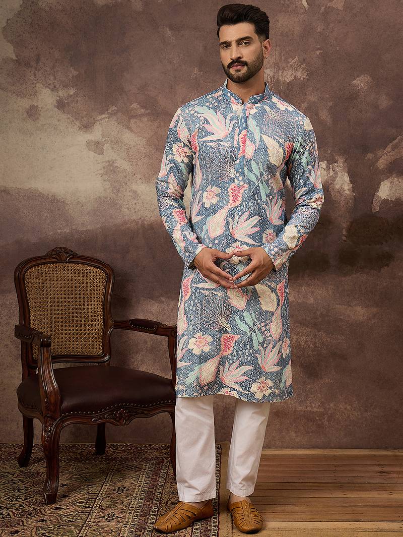 Men blue viscose rayon floral embroidered straight kurta with trouser