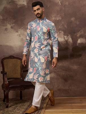 Men blue viscose rayon floral embroidered straight kurta with trouser 3