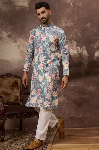 Men blue viscose rayon floral embroidered straight kurta with trouser