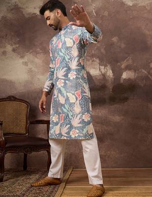 Men blue viscose rayon floral embroidered straight kurta with trouser 5