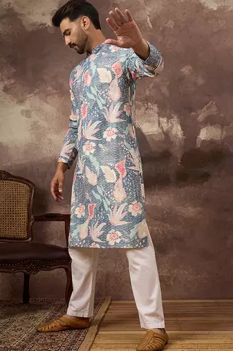 Men blue viscose rayon floral embroidered straight kurta with trouser