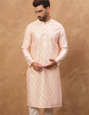 Men peach silk blend solid embroidered straight kurta with pant set 1