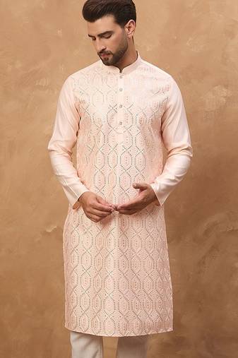 Men peach silk blend solid embroidered straight kurta with pant set