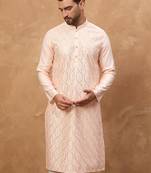 Men peach silk blend solid embroidered straight kurta with pant set