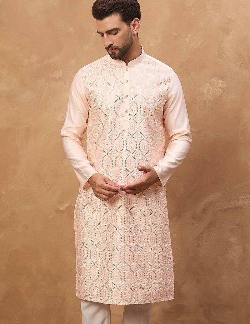 Men peach silk blend solid embroidered straight kurta with pant set