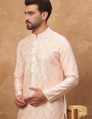 Men peach silk blend solid embroidered straight kurta with pant set 2