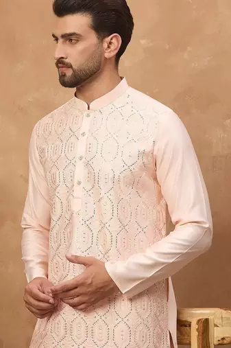 Men peach silk blend solid embroidered straight kurta with pant set