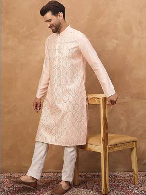 Men peach silk blend solid embroidered straight kurta with pant set 3