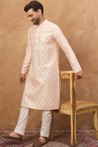 Men peach silk blend solid embroidered straight kurta with pant set