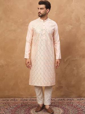 Men peach silk blend solid embroidered straight kurta with pant set 4