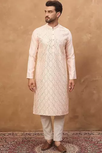 Men peach silk blend solid embroidered straight kurta with pant set